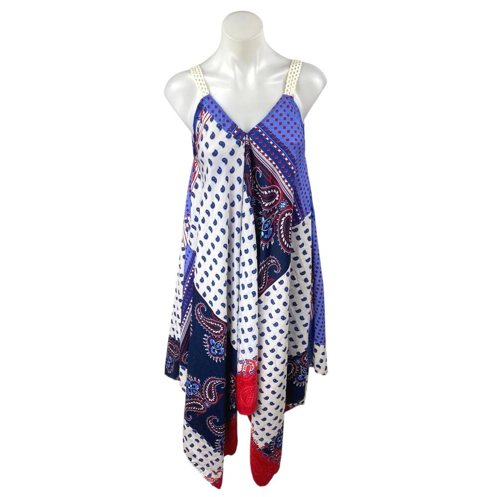 Bella Moda Multicolor Paisley Sleveless V-neck Asymmetric Midi A-line Dress Sz S